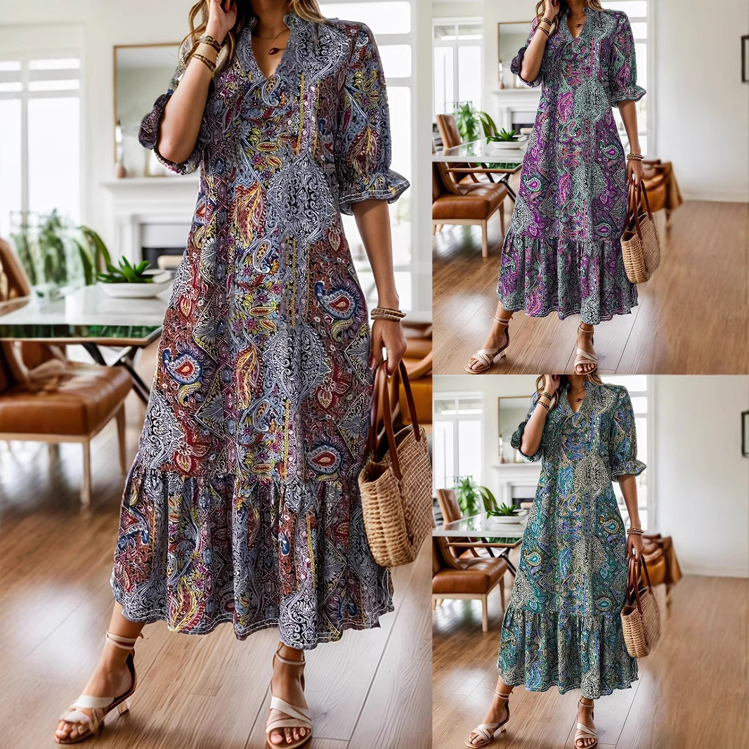 Women's Clothing Printed V-neck Plus Size Dress