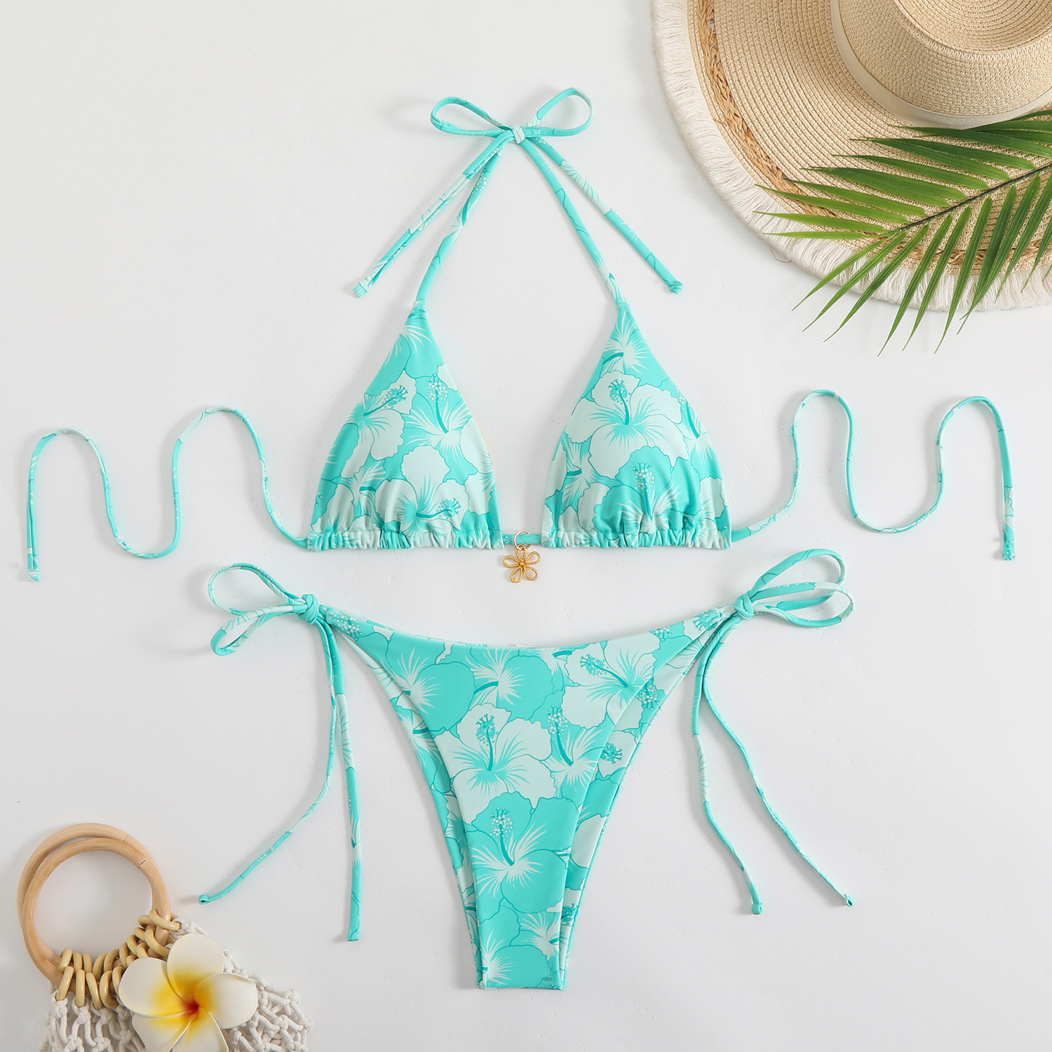 Double-sided Bikini Printed Polo Neck Lace-up Swimsuit