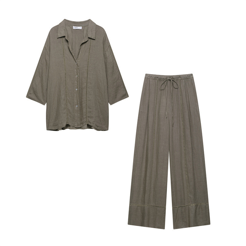 New Summer Pure Linen Shirt 4043058 Pure Linen Wide Leg Pants
