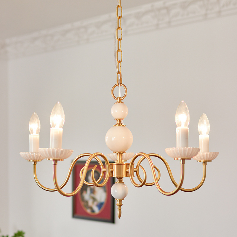 Retro French Vintage Milk Glass Copper Chandelier