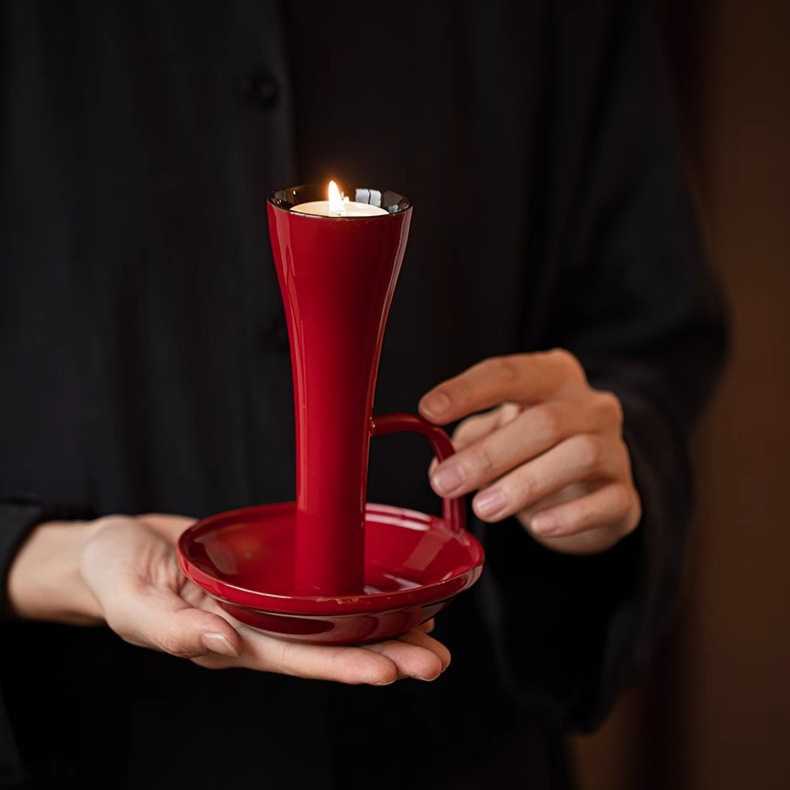 Vintage Zhu Zhumeng Red Ceramic Vintage Candlestick