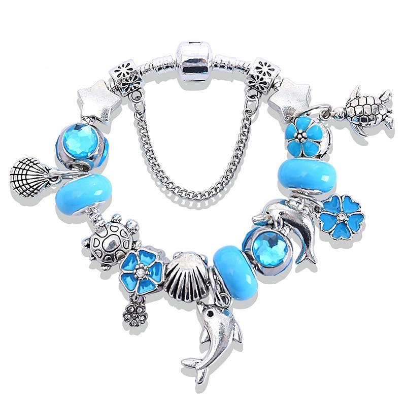 Ocean Series Blue Crystal Starfish Tortoise Bracelet in Antique Silver