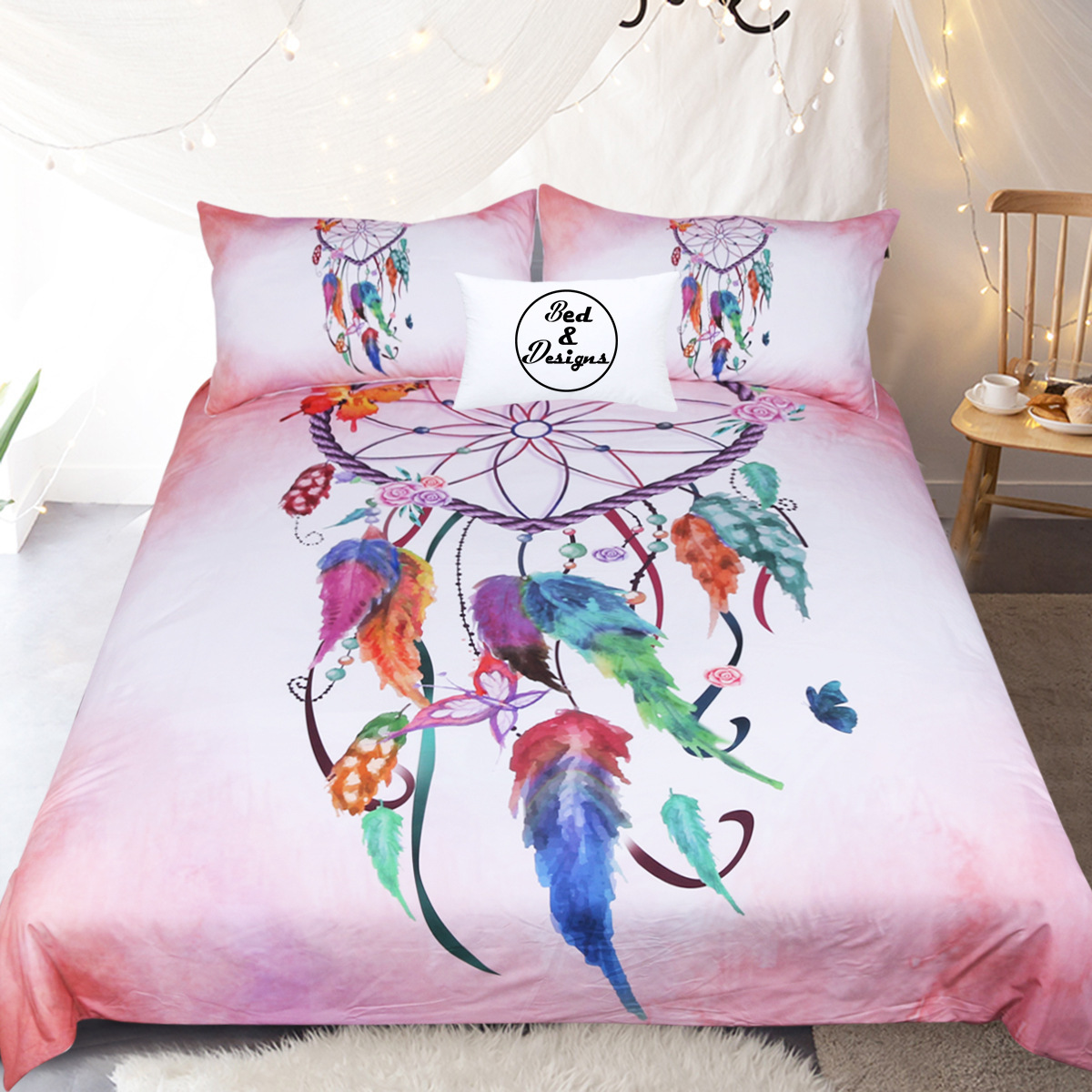 Pink Heart Dream Catcher Bedding Set for 1.8m Bed - 3 Pieces