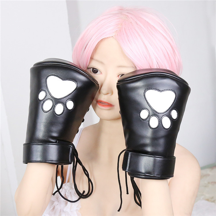 Red & Black Leather Sponge-Filled Handcuffs with Gloves