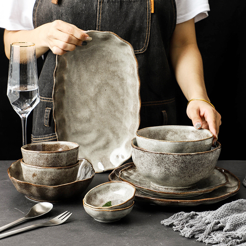 Old-Fashioned Stoneware Dining Set in Unique Irregular Shapes