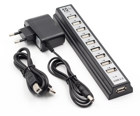 10-Port USB 2.0 Hub with Power Adapter for All USB Devices