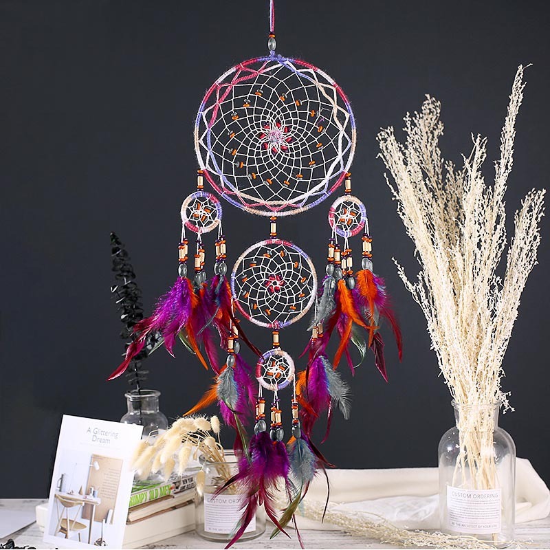 Nordic Feather Circle Hanging Decoration - Colorful Clouds Design