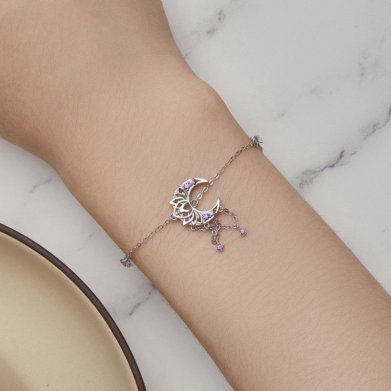 Geometric Silver Moon Bracelet - BSB125, 160+50mm, Dripping Oil Design