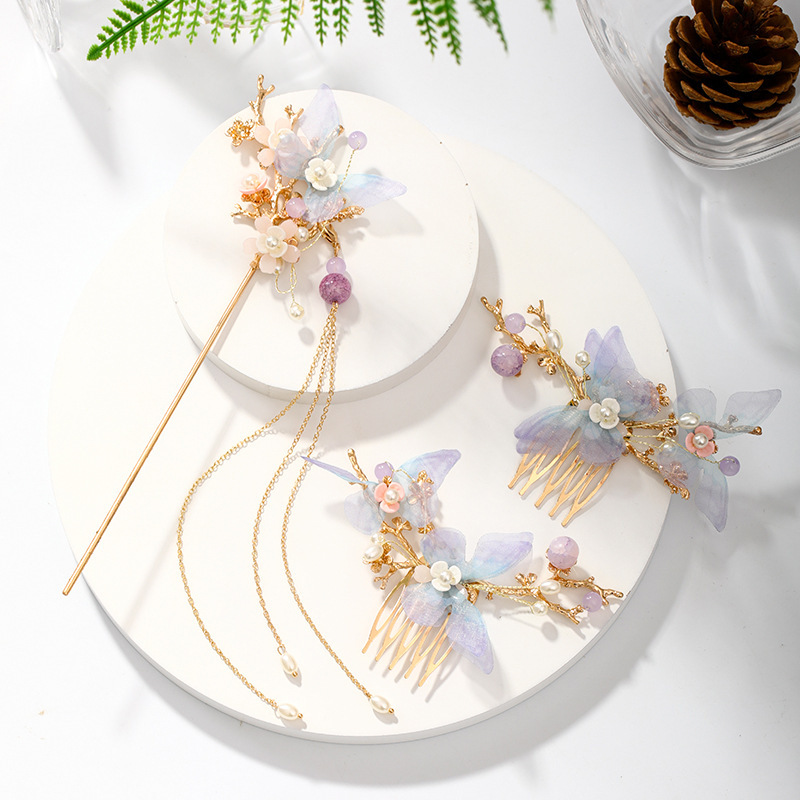 Blue Retro Bow Hair Comb with 21.5cm Tassel - Elegant Alloy Design