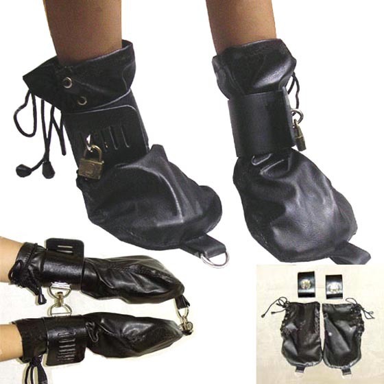 Black Leather Handcuffs & Foot Cuffs Set for Adults