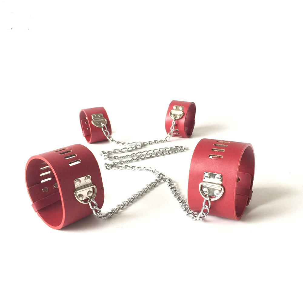 Seductive Leather Hand and Foot Cuffs in Red, Black, and Silver