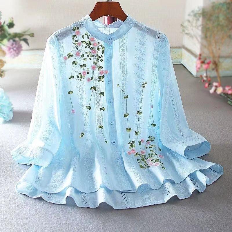 Vintage Lace Shirt Women's Ruffled Embroidered Top