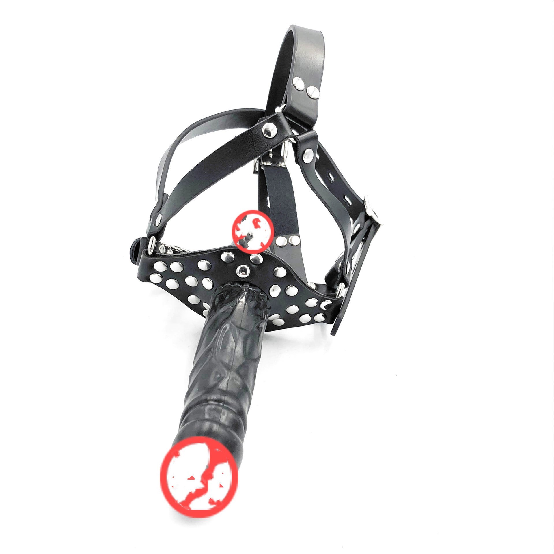 Black Double Head Dildo Ball Gag - Leather & Silicone Harness