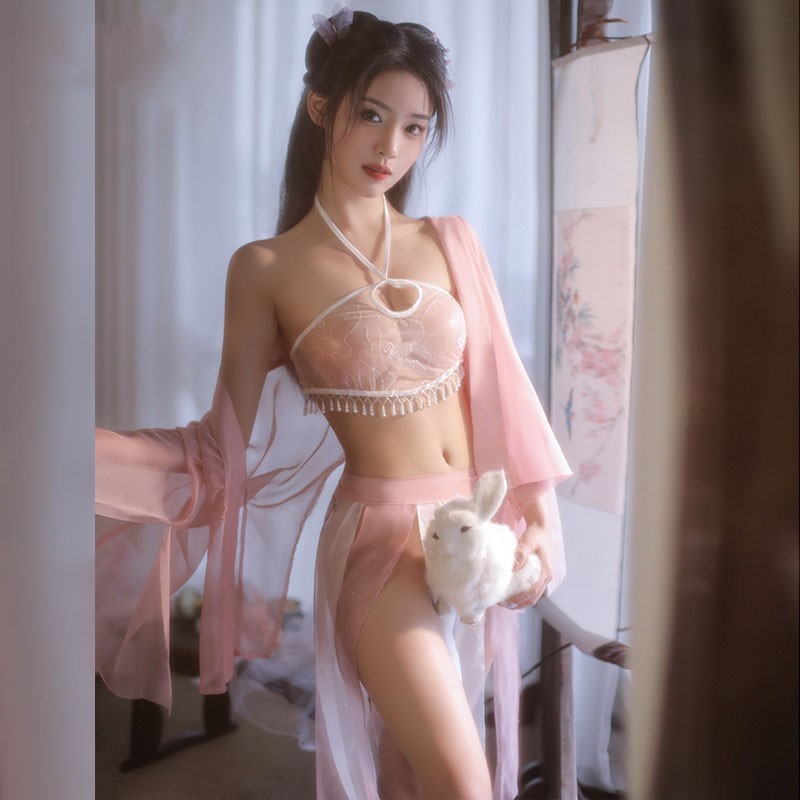 Elegant Chiffon Lingerie Set with Bra, Skirt, Shawl & Thong