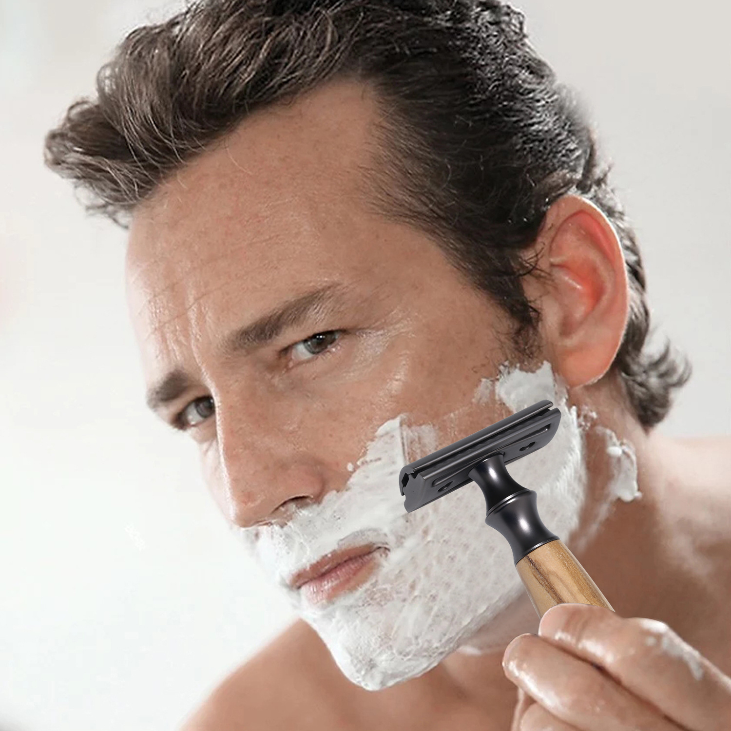 Olive Wood Men's Shaver with Razor Holder in Silver Pearl White
