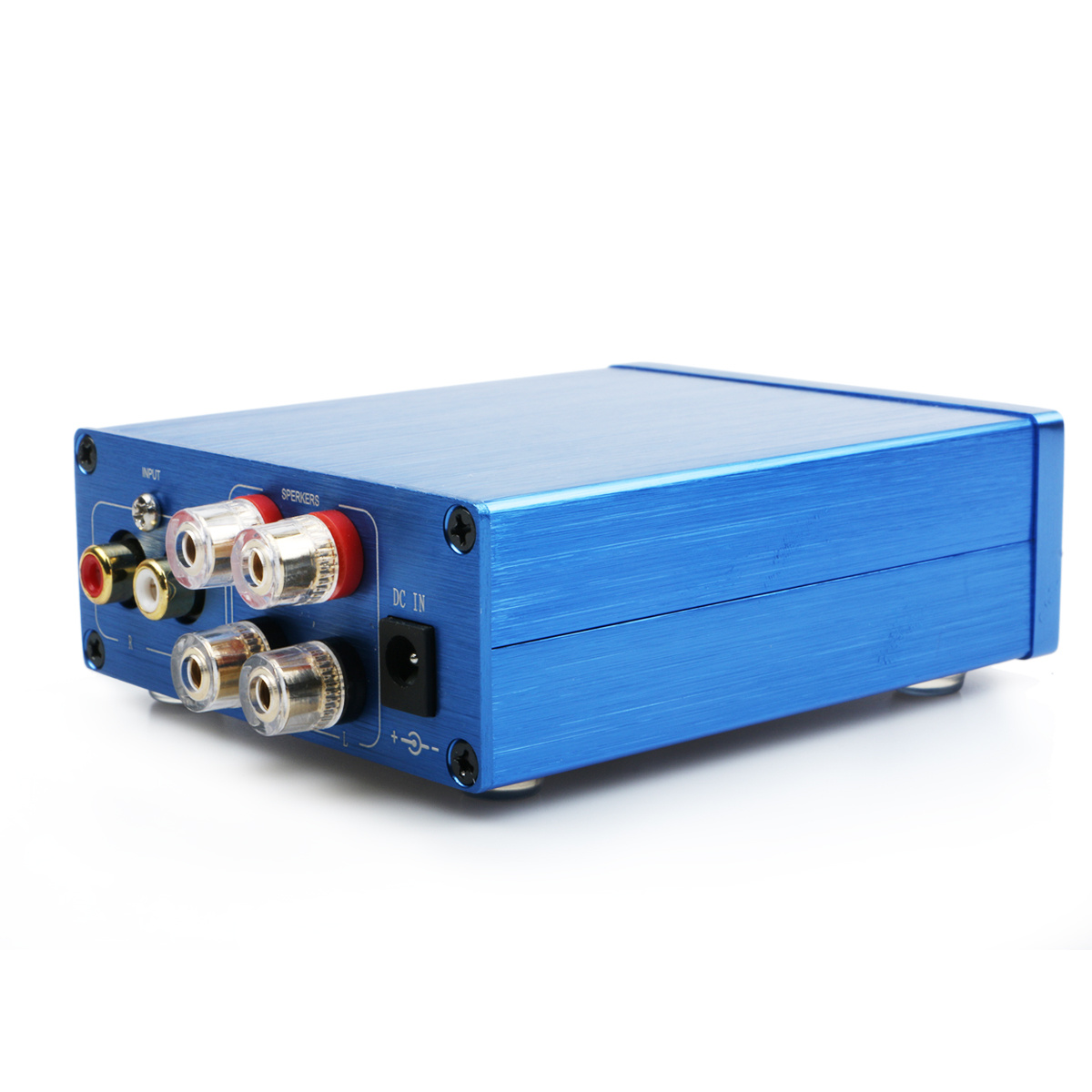 Blue aluminium amplifier with RCA and speaker output connections, compact audio device for enhanced sound quality.