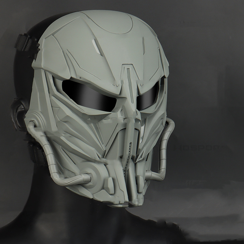 Hard robotics-inspired mask with a futuristic, mechanical design for cosplay, costume, or display purposes, featuring detailed contours and sleek black eye lenses.