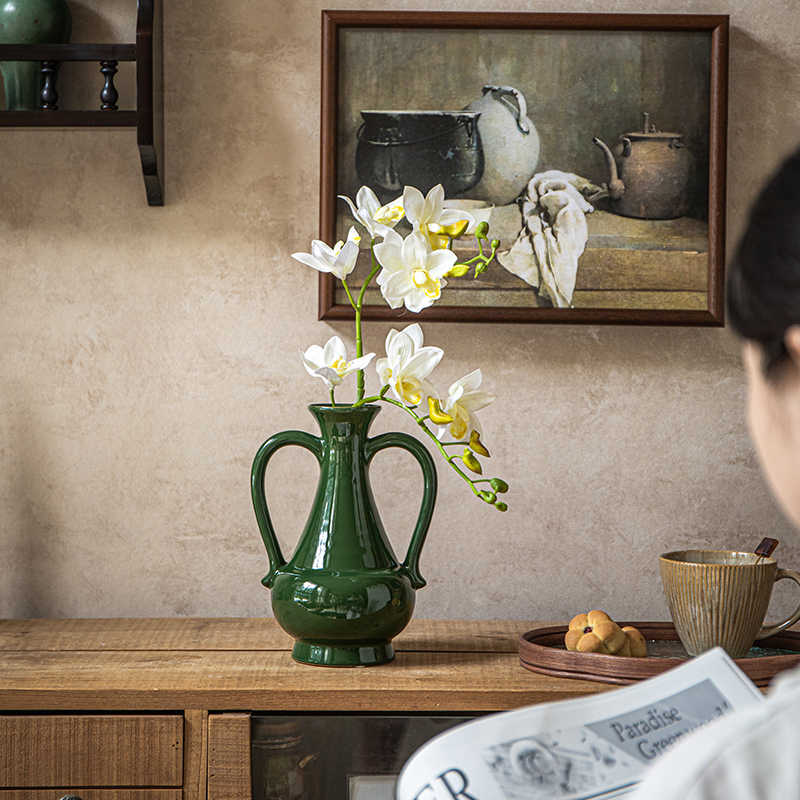 Vintage Binaural Ceramic Vase Vintage Green Table Decoration