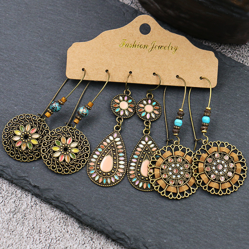 Geometric Retro Alloy Earrings - 3 Pairs, Literary Style