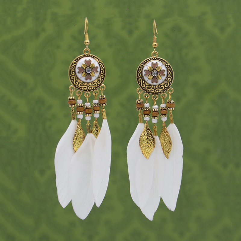 Elegant White Feather Earrings with Tassel & Chain Details