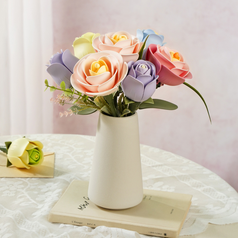 ROKR DIY 3D Puzzle Flower Building Blocks Kit - Creative Home Decor, STEM Toys For Adults & Teens, Unique Gift For Women Men    Pinshan Tea,Light-pink Camellia,Blue Rose, Deep Purple Rose, Green Rose