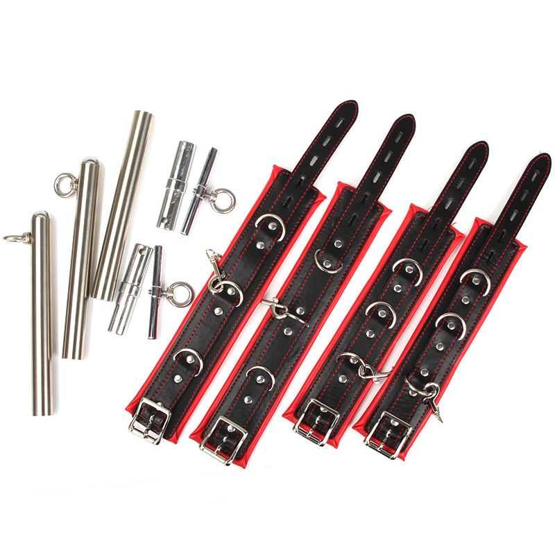 Flirty Straight Steel Pipe Cuffs in Premium PU Leather - Black/Red - Image 6