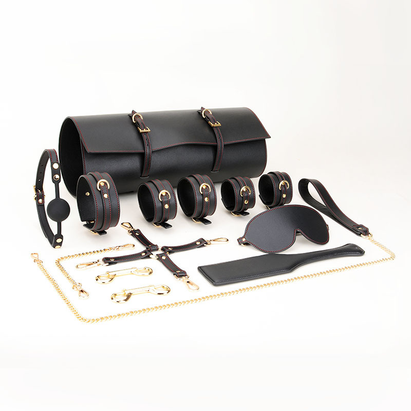 Red and Black PU Leather Mosaic Sex Toy with Golden Hardware