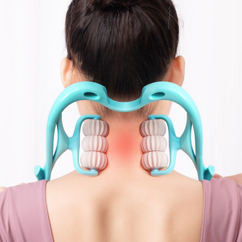 Ergonomic 6-Roller Neck Massager with Natural Stone Scraper