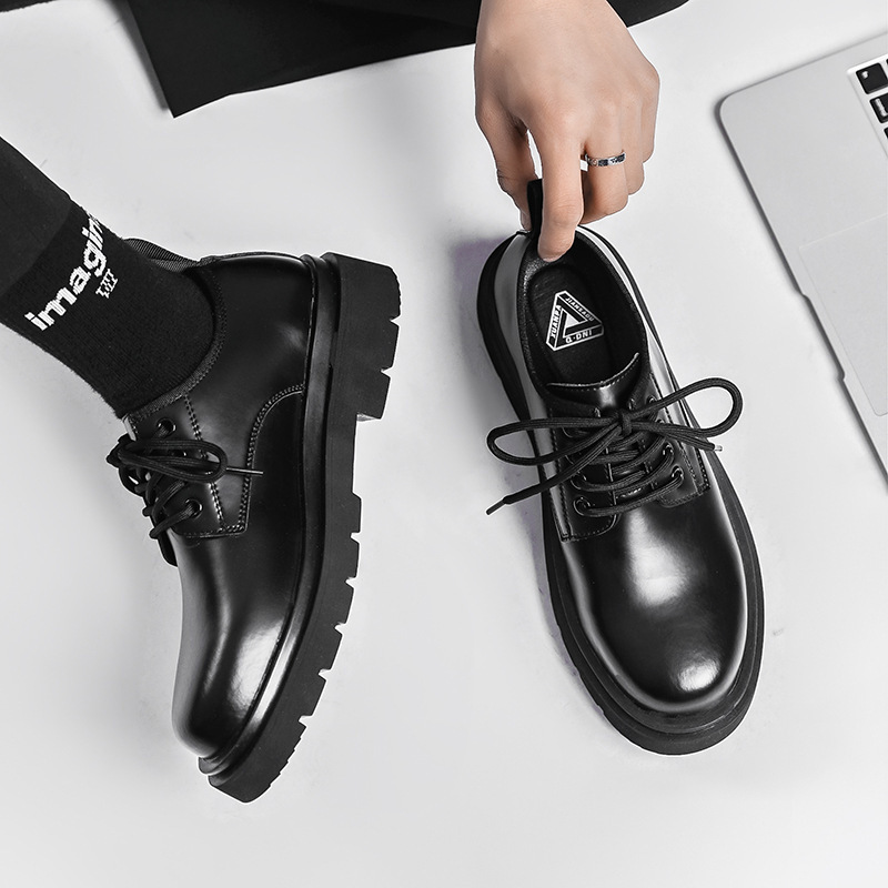 Men's Black Japanese Style Low Heel Lace-Up Shoes in Cowhide