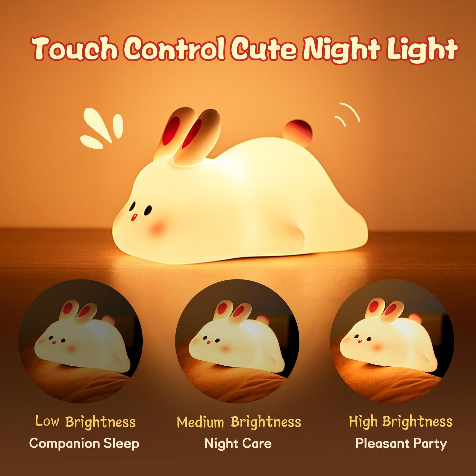 Cute Rabbit Night Light - Safe Silicone, 3 Brightness Levels