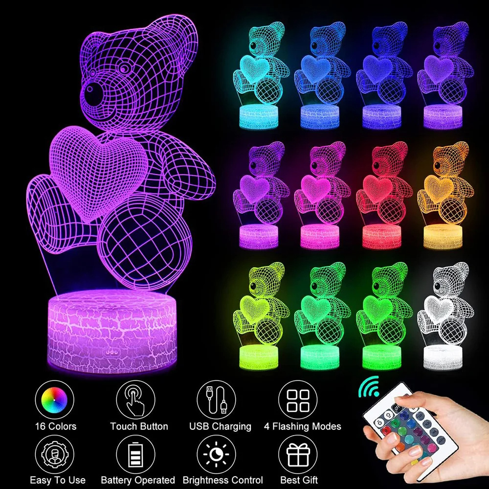 3D Teddy Bear Night Light with Remote & Dual Power Mode