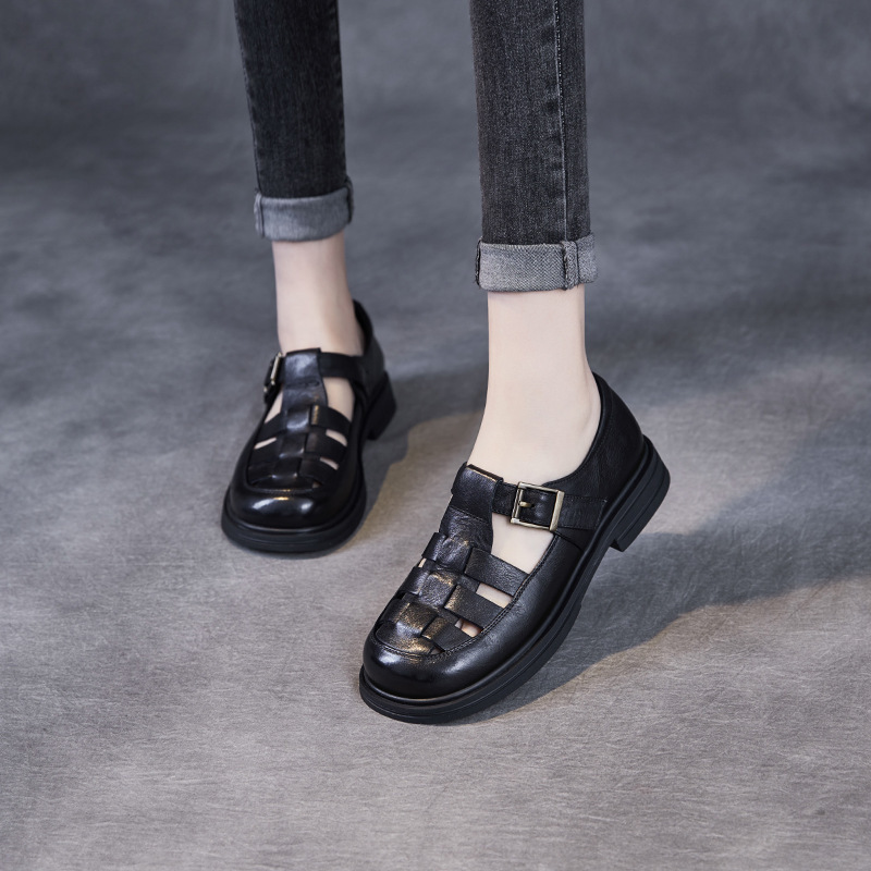 Stylish Low Top Black Cowhide Sandals with Comfortable Rubber Sole