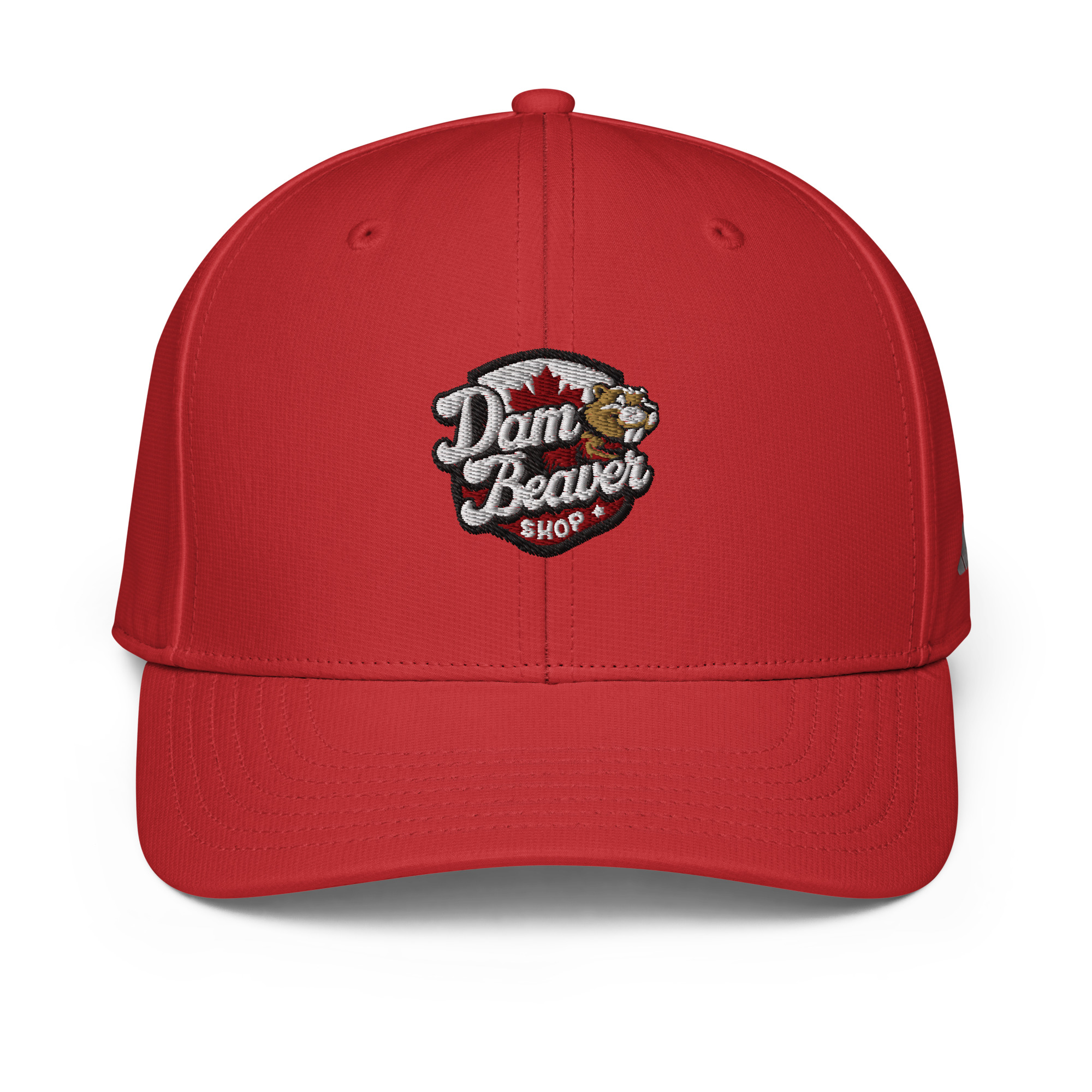 The Adidas Unisex Moisture-Wicking Hat with UPF 50+ Protection is a red baseball cap featuring a stitched Dam Beaver Shop logo, with a cartoon beaver holding a log and a brown circular background behind the text.