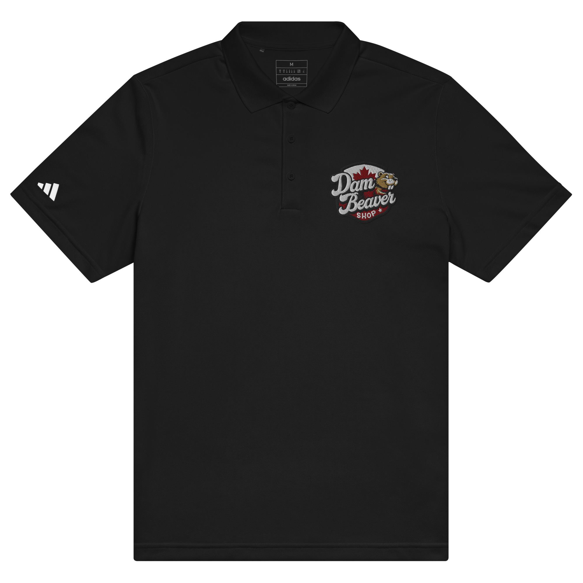 The Adidas Eco-Friendly Sport Polo is a black, short-sleeve shirt with a Dam Beaver Shop logo (beaver and red maple leaf) on the left chest, Adidas logo on the right sleeve, and a button-up collar. Lightweight & stylish fit.