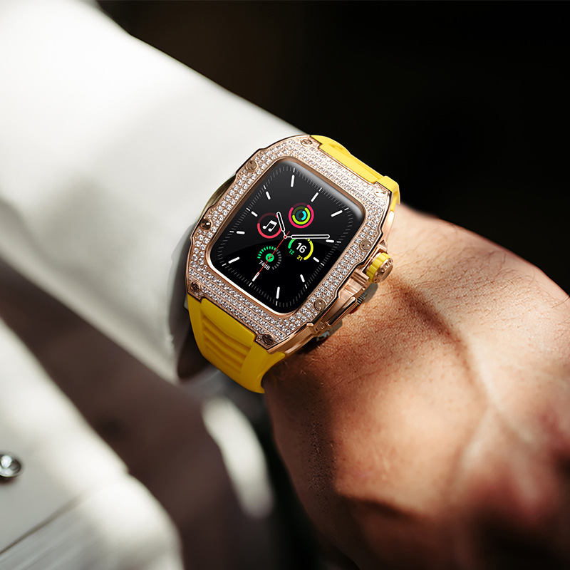 Stainless Steel Diamond Case Apple Watch Compatible Rubber Strap