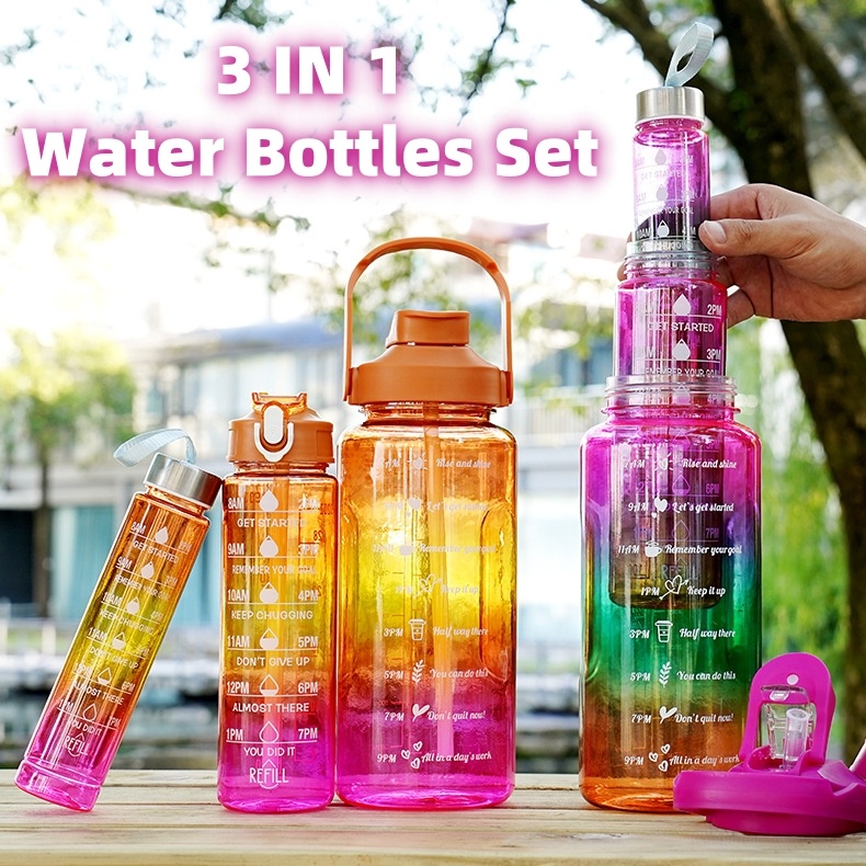 Gradient Motivational Water Bottles Set - 3 Sizes for Hydration!
