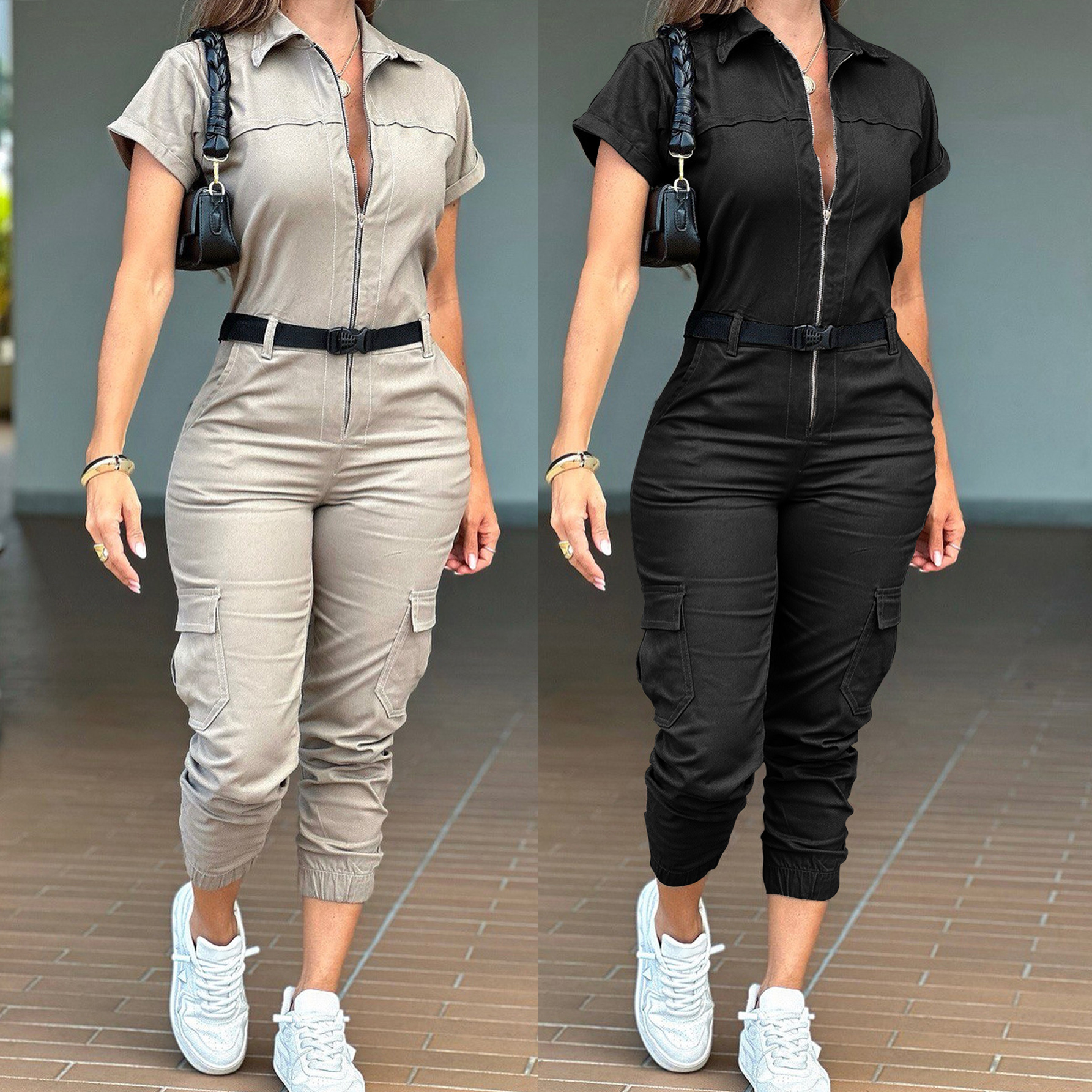 Silver Gray Elastic Waist Tight Pants with Zipper – Commuter Style
