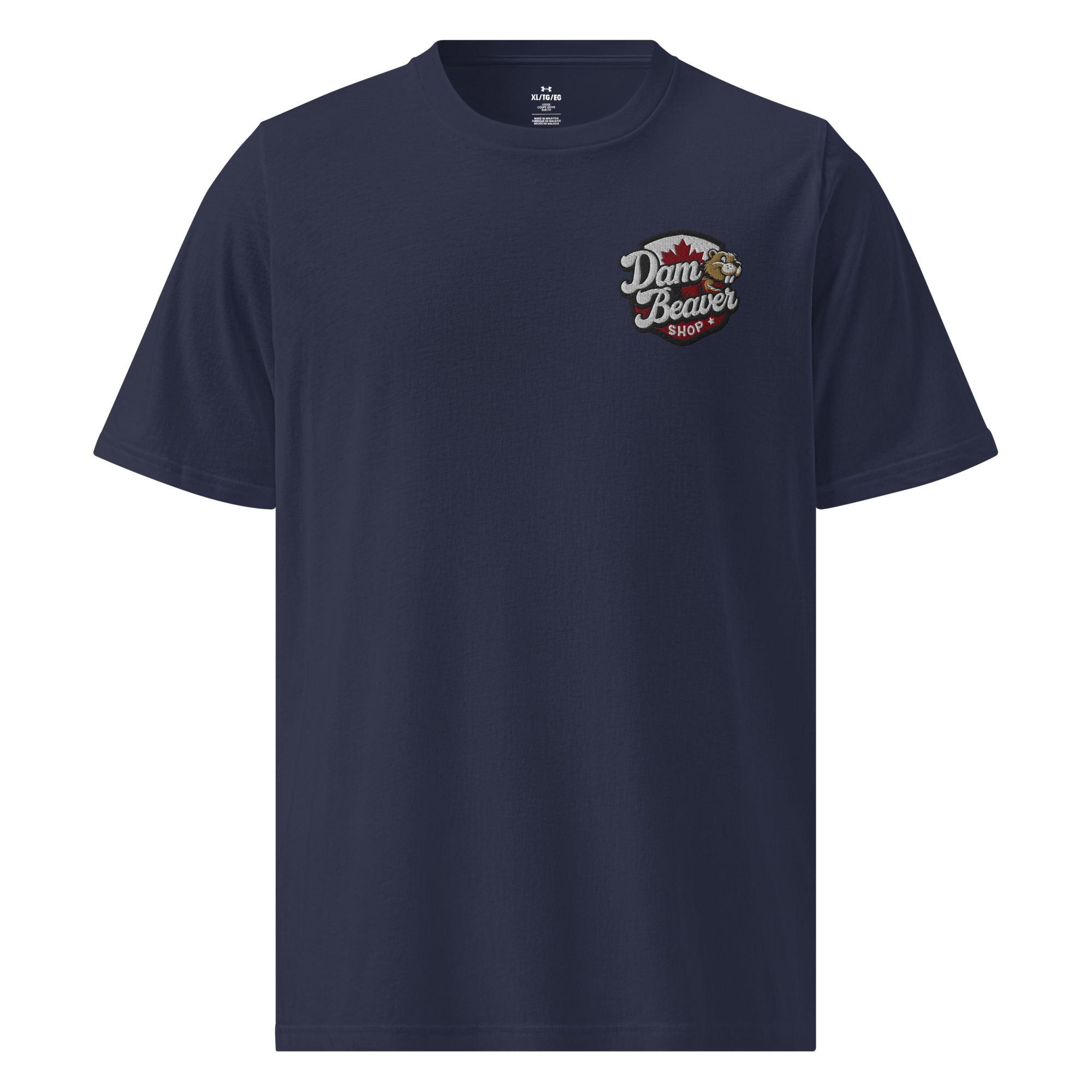 Navy blue Under Armour Athletic T-Shirt, lightweight and quick-drying, featuring a small Dam Beaver Shop logo with a cartoon beaver and red heart on the upper left chest.