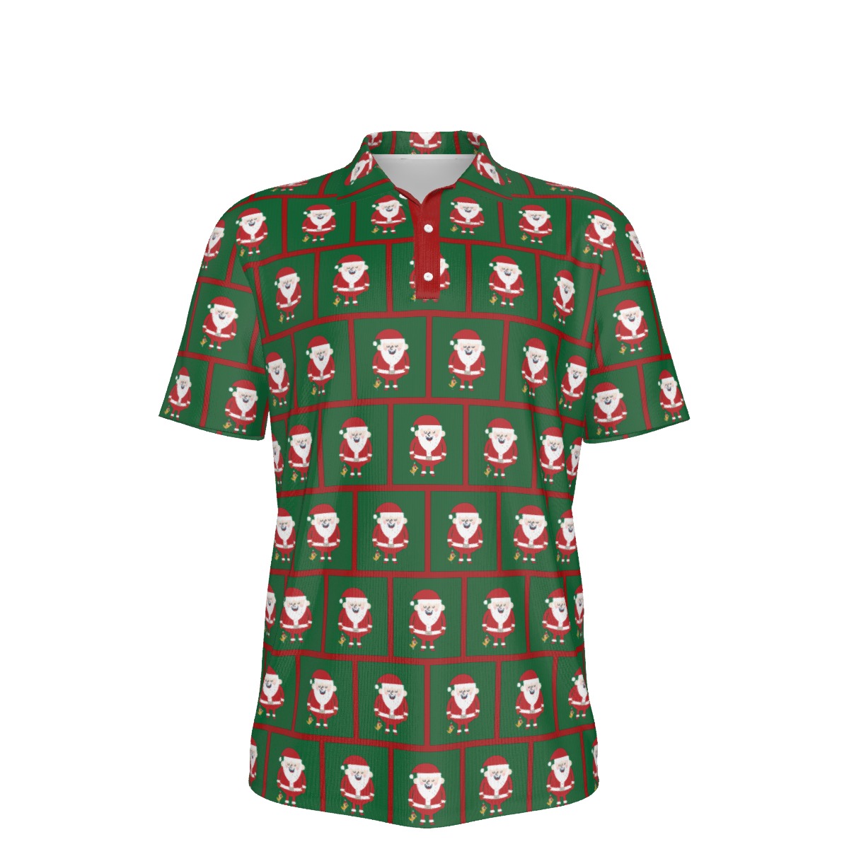 Men's Christmas Tee Santa Print Polo Collar Jersey with Stretchy Fabric and 3 Buttons