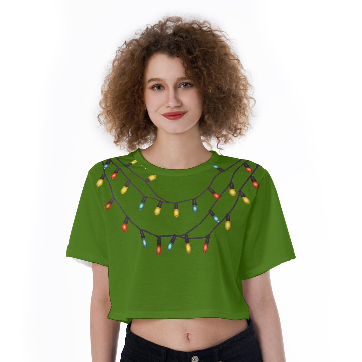Christmas Cropped T-Shirt with String Lights Print - Lightweight Gym Activewear Top