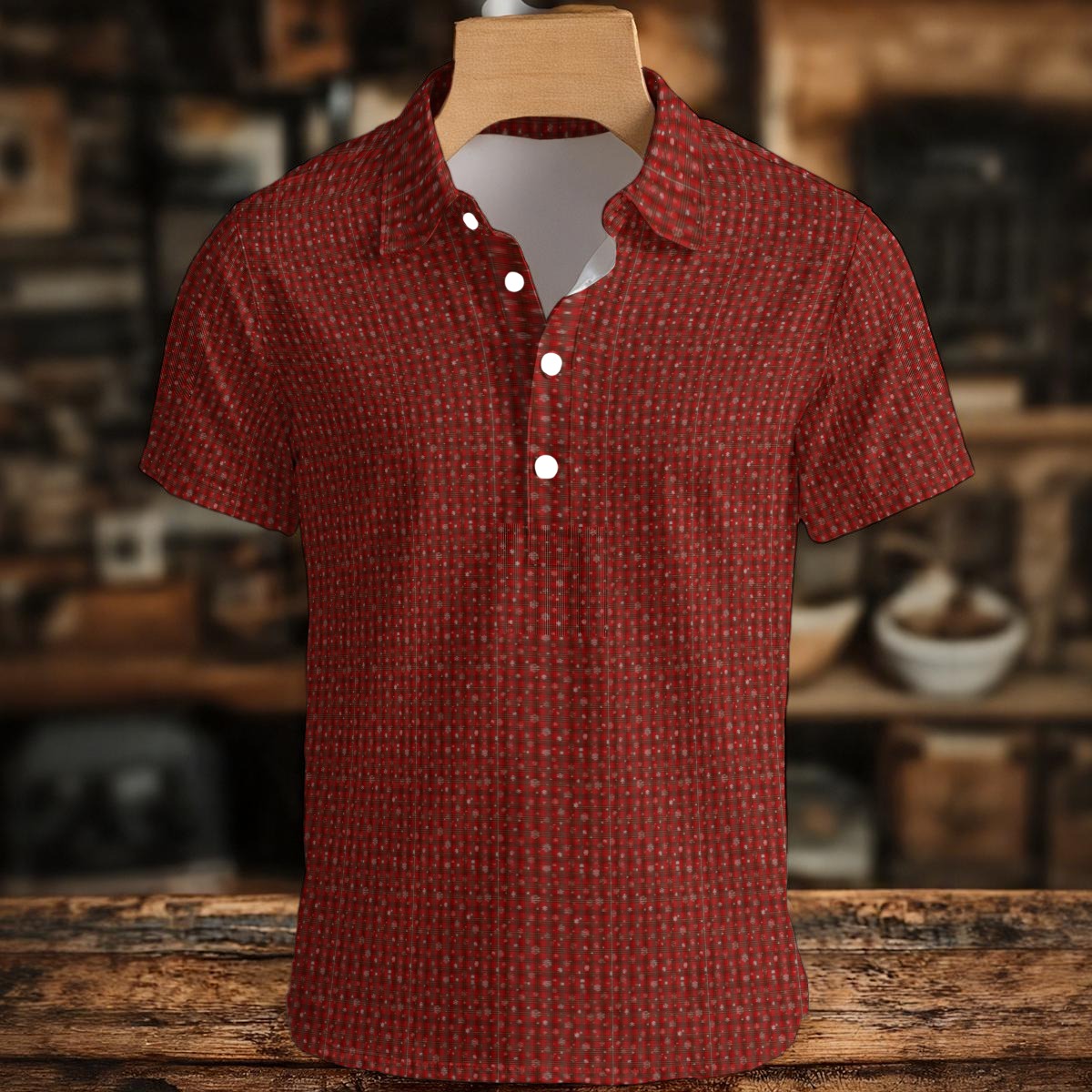 Men's Christmas Snowflake Print Henley Shirt in Red Flannel