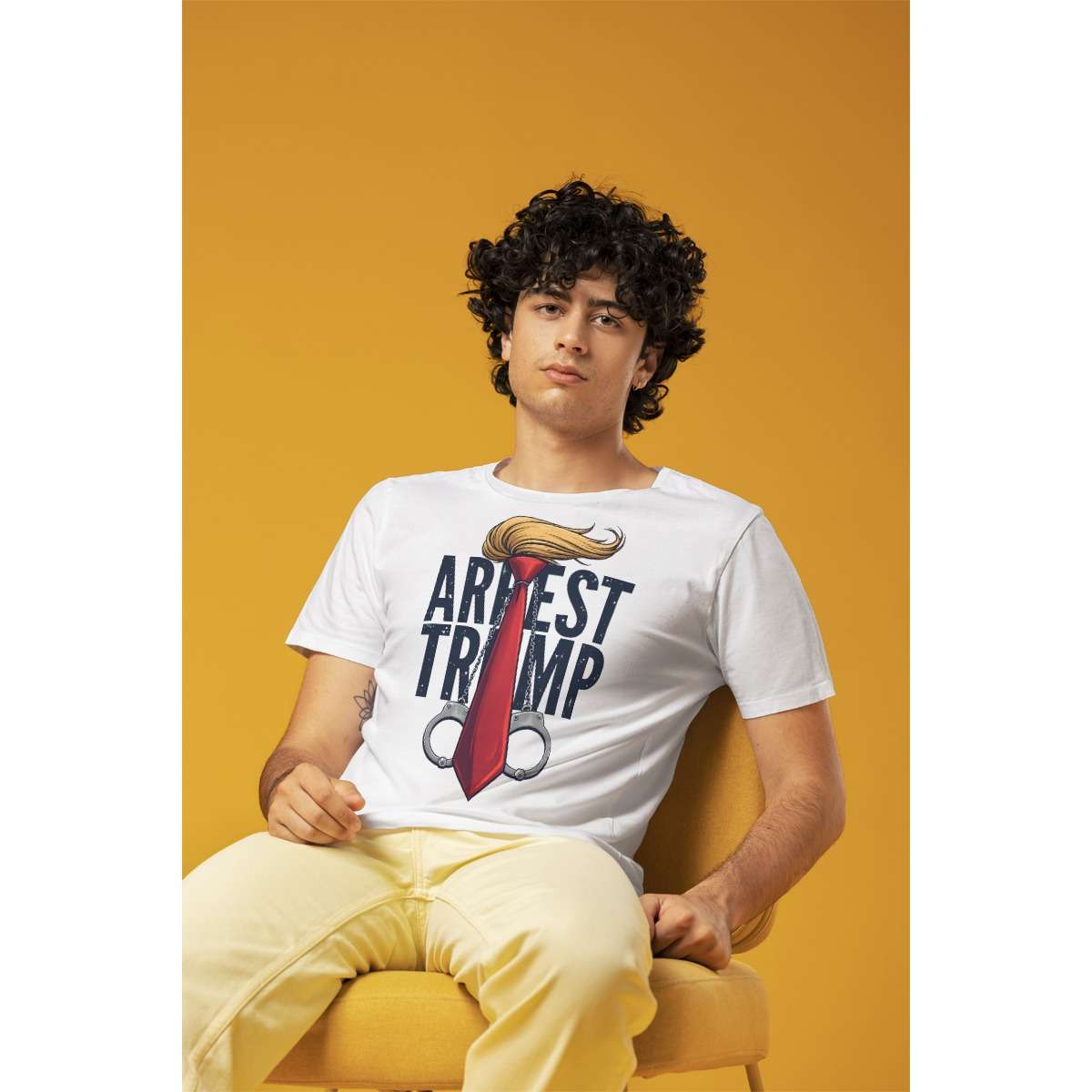 Men's O-Neck T-Shirt - Arrest Trump Design with Red Tie and Blonde Hair Graphic