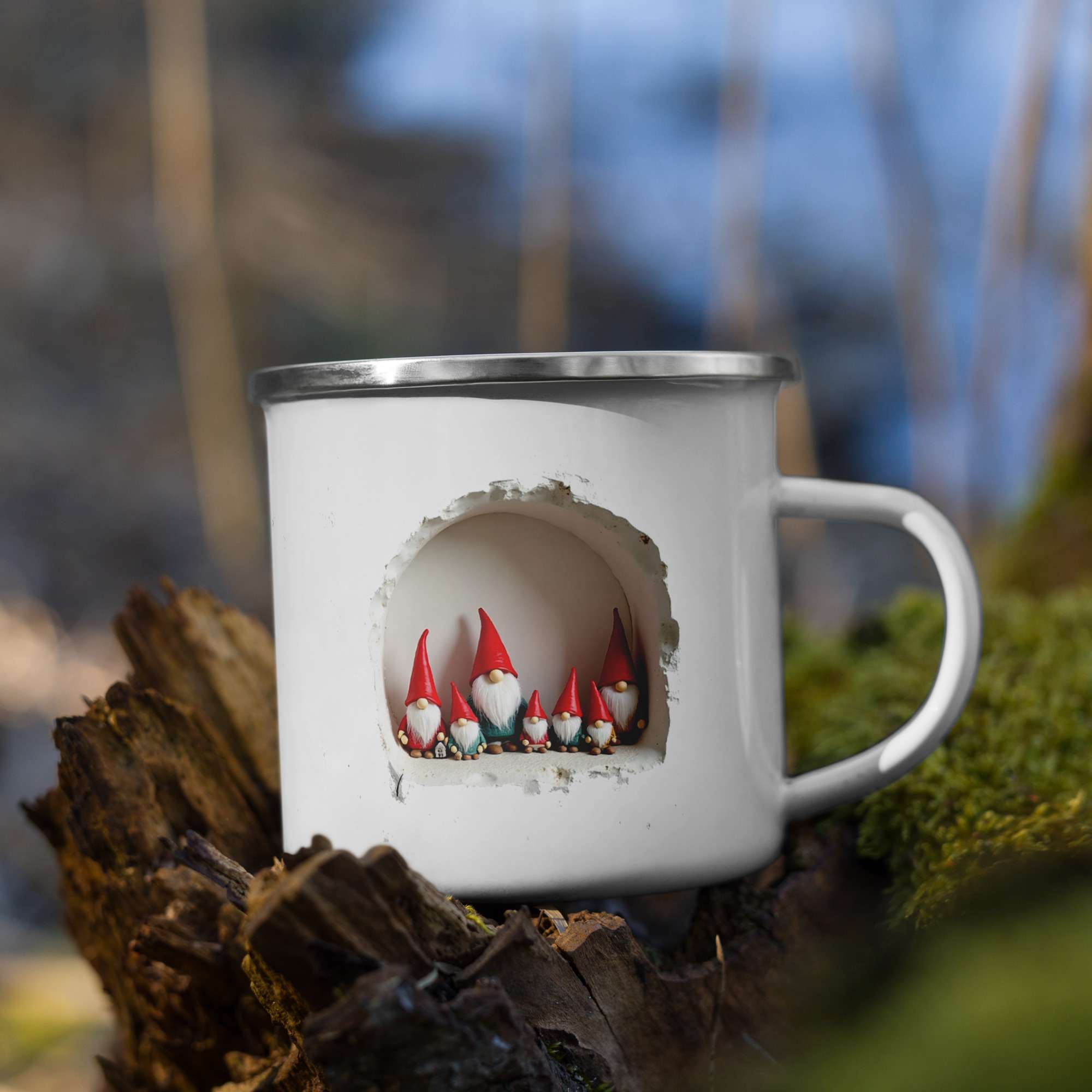 Gnomes in Wall Enamel Mug – Cozy Camping Mug Gift